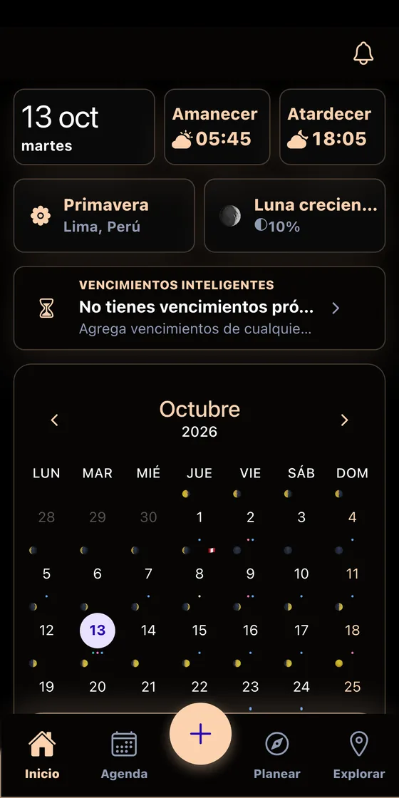 Calendario: inicio en modo oscuro