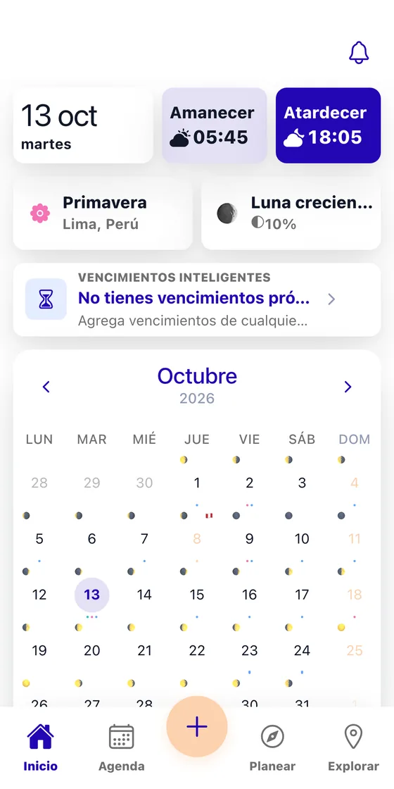 Calendario: pantalla de inicio